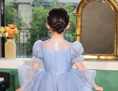 Short-Sleeve Flower Girl Party Ball Gown with Rhinestone Appliques