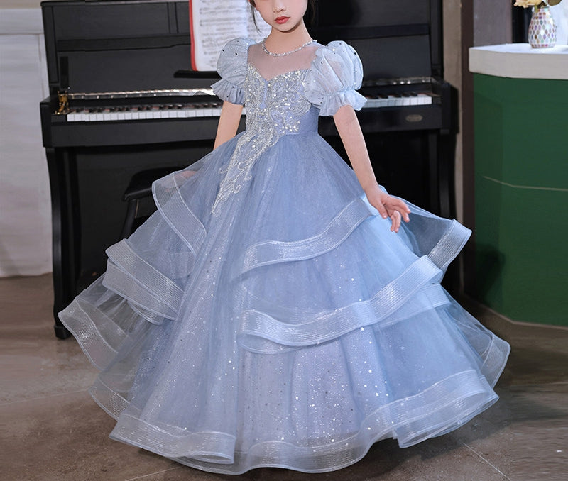 Short-Sleeve Flower Girl Party Ball Gown with Rhinestone Appliques