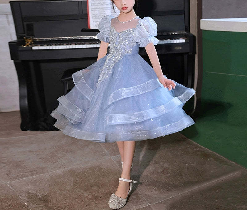Knee-Length Party Dress for Girls with Rhinestone Appliques and Short Sleeves