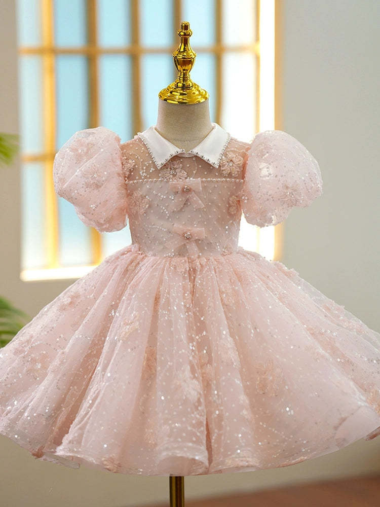 Short-Sleeve Princess A-Line Knee-Length Lace Dress with Bows for Girls