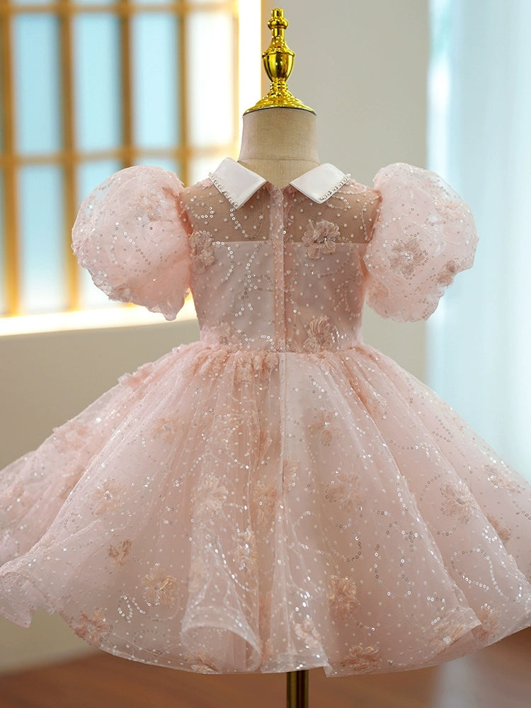 Short-Sleeve Princess A-Line Knee-Length Lace Dress with Bows for Girls