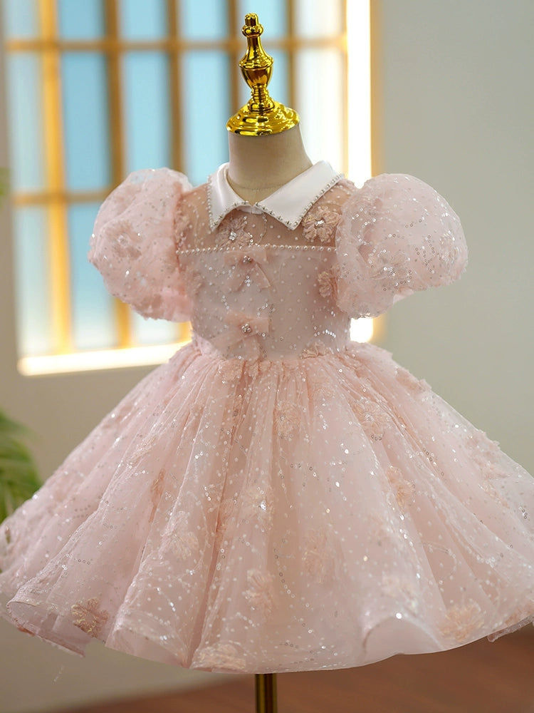 Short-Sleeve Princess A-Line Knee-Length Lace Dress with Bows for Girls