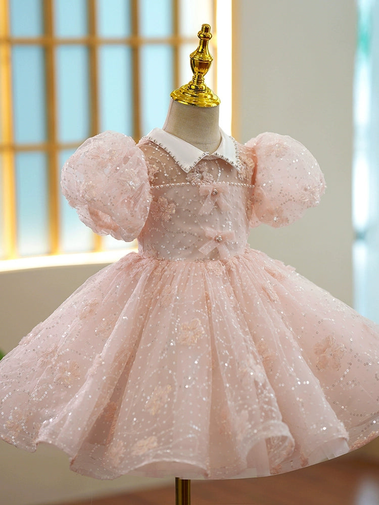 Short-Sleeve Princess A-Line Knee-Length Lace Dress with Bows for Girls
