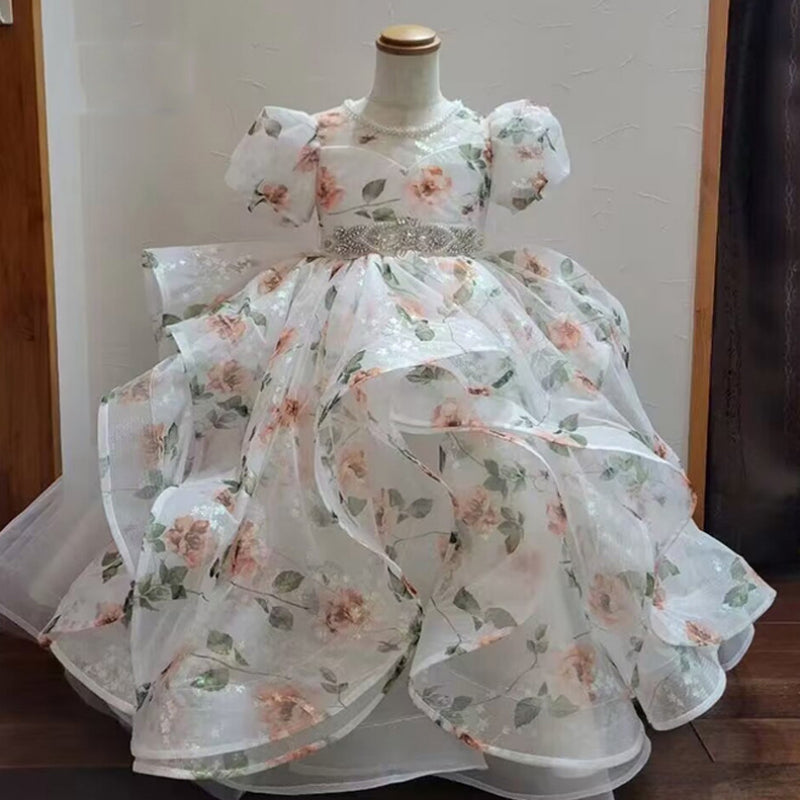 Short-Sleeve Ball Gown with Rhinestone Sash for Flower Girls