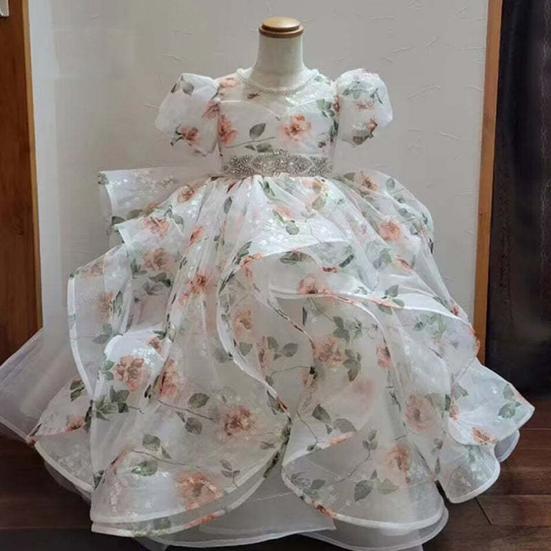 Short-Sleeve Ball Gown with Rhinestone Sash for Flower Girls