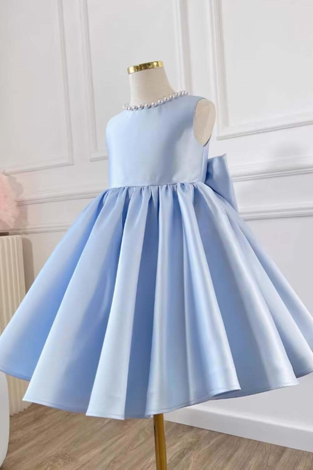 Sleeveless Floor-Length Flower Girl Party Dress with V-Neck Beading and Bow