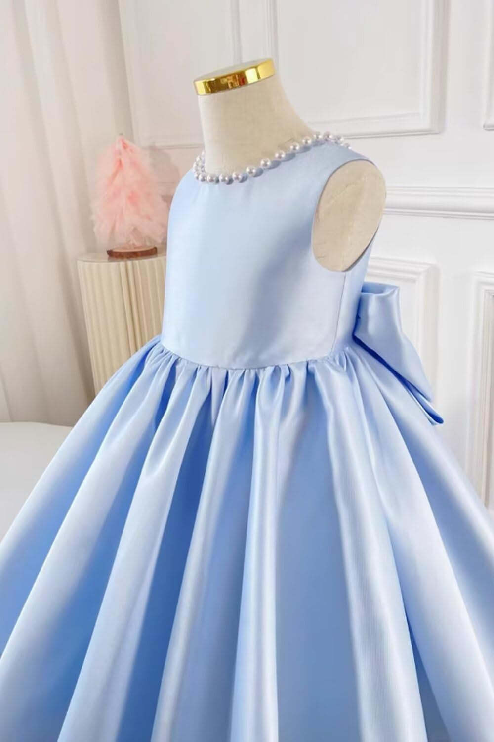 Sleeveless Floor-Length Flower Girl Party Dress with V-Neck Beading and Bow