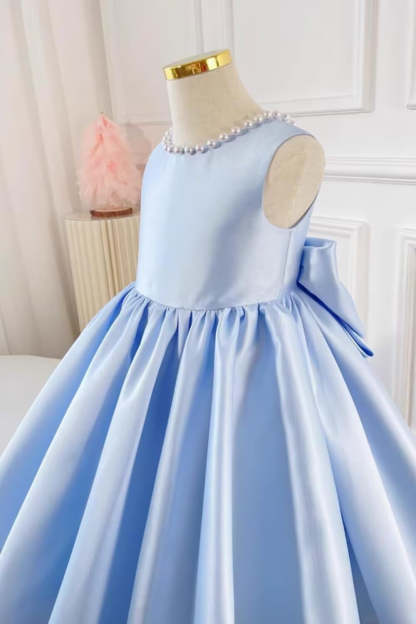 Sleeveless Floor-Length Flower Girl Party Dress with V-Neck Beading and Bow