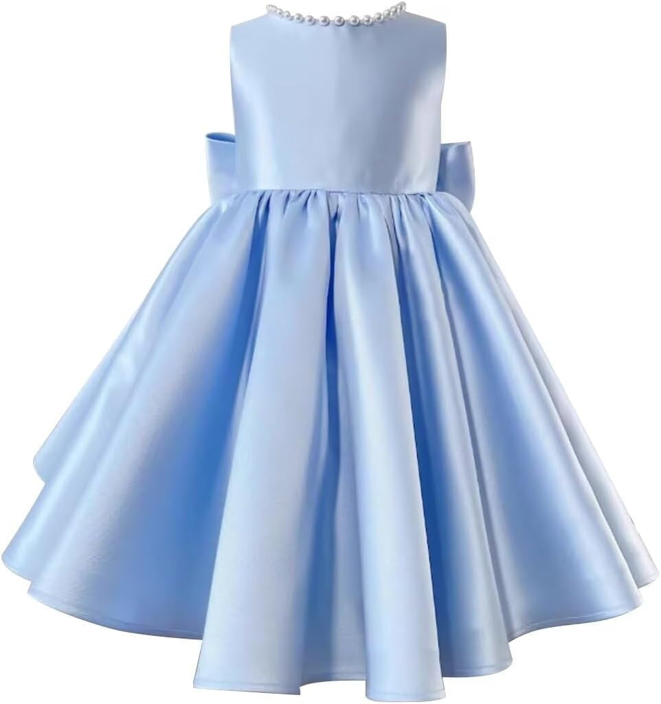 Sleeveless Floor-Length Flower Girl Party Dress with V-Neck Beading and Bow