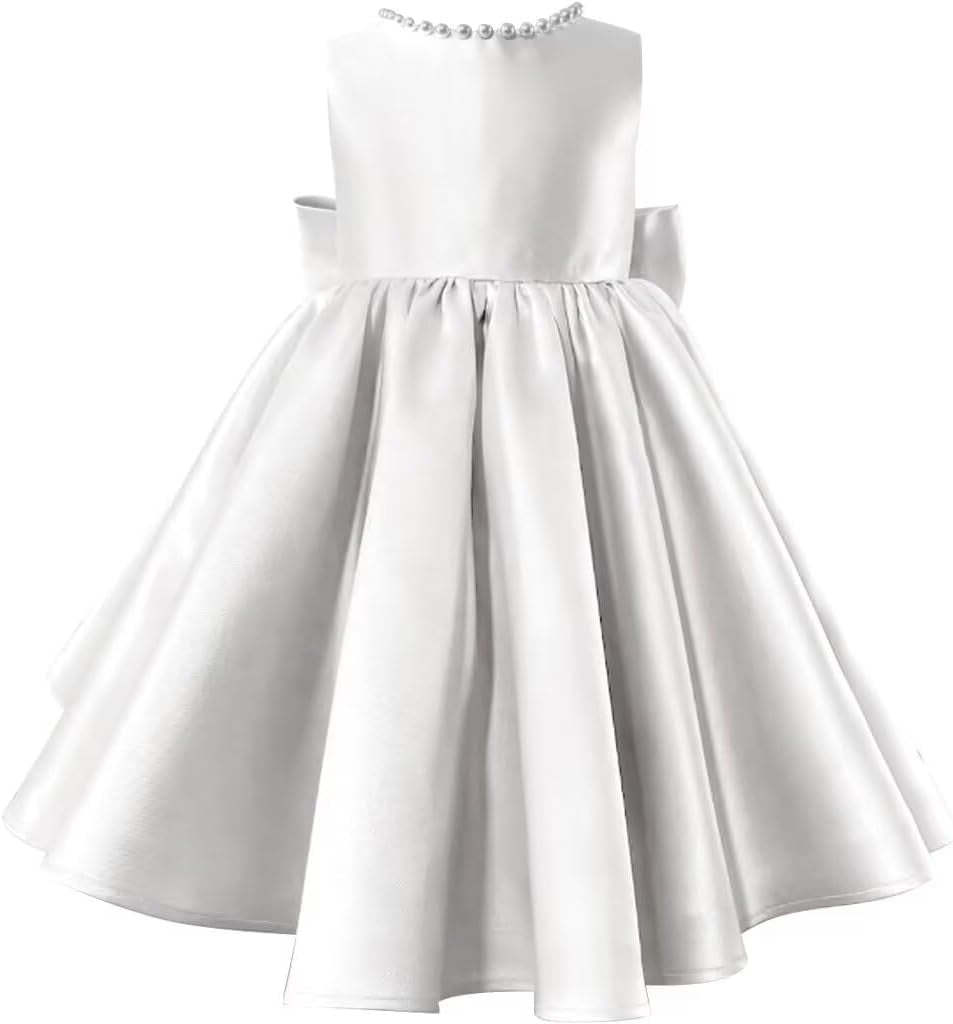 Sleeveless Floor-Length Flower Girl Party Dress with V-Neck Beading and Bow