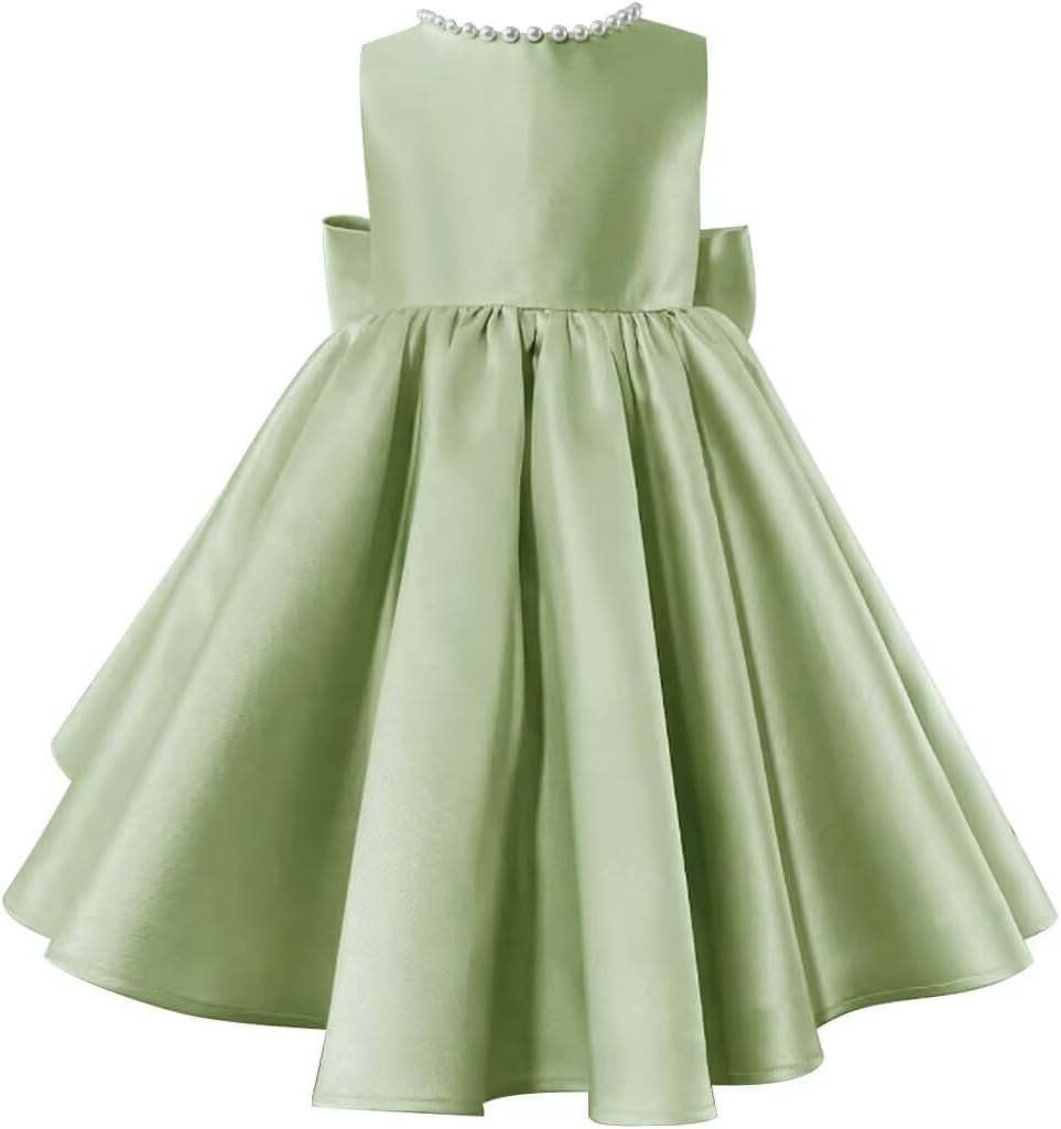 Sleeveless Floor-Length Flower Girl Party Dress with V-Neck Beading and Bow
