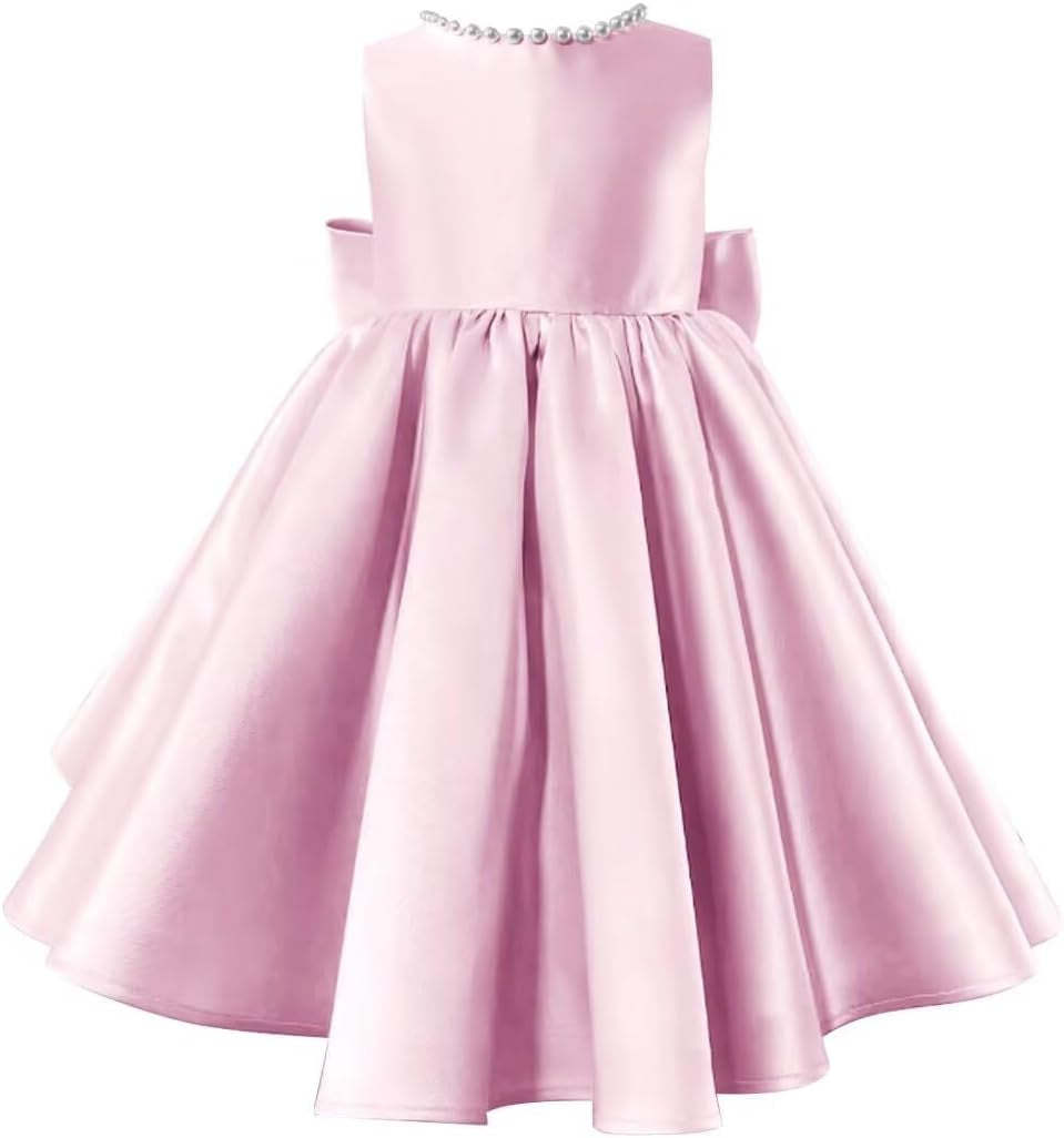 Sleeveless Floor-Length Flower Girl Party Dress with V-Neck Beading and Bow