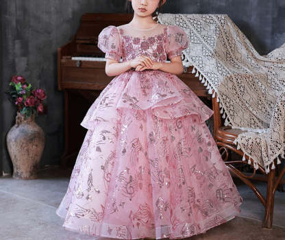 Short-Sleeve Flower Girl Ball Gown with Rhinestone Appliques