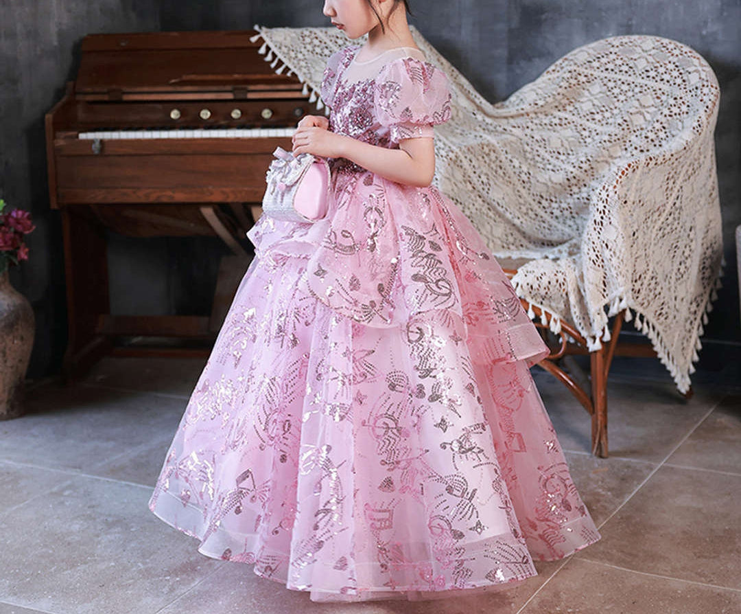 Short-Sleeve Flower Girl Ball Gown with Rhinestone Appliques