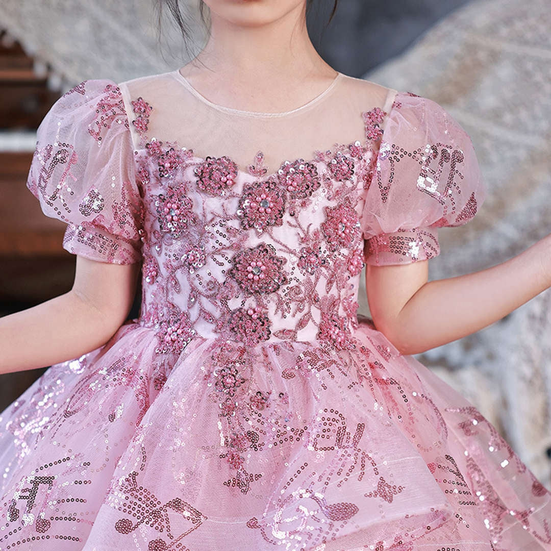 Short-Sleeve Flower Girl Ball Gown with Rhinestone Appliques