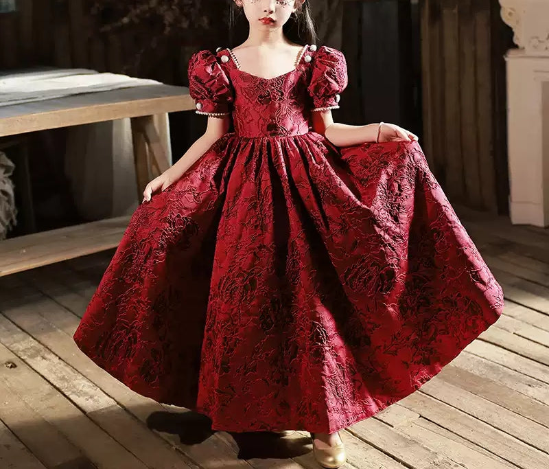 Floor-length Party Dress for Girls with Square Neck and Beaded Short Sleeves