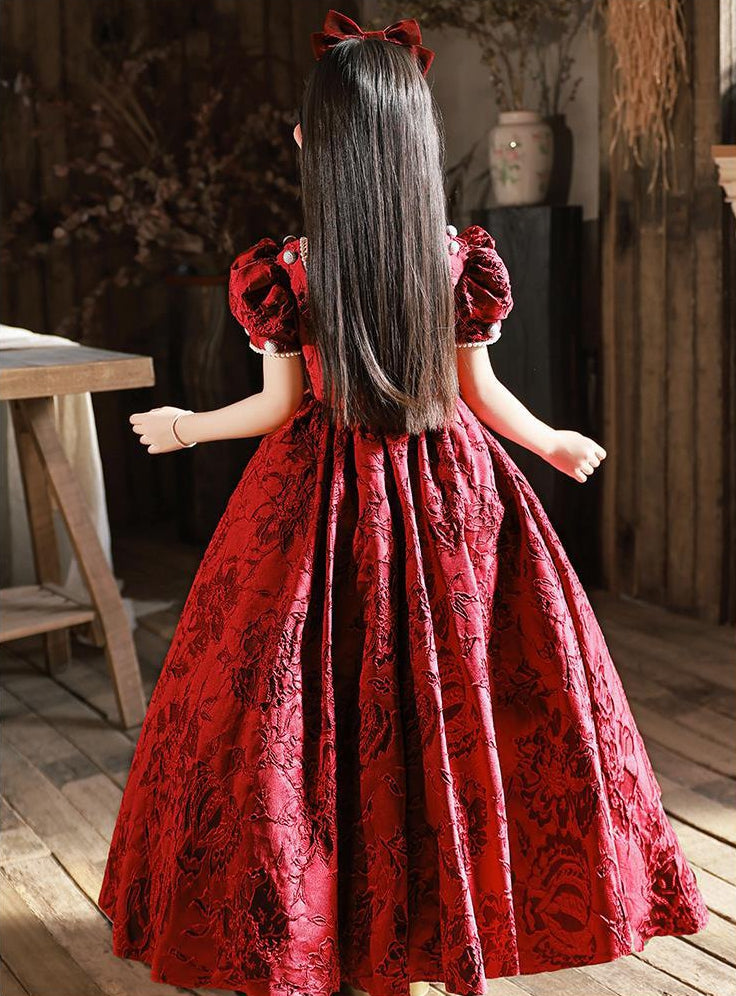 Floor-length Party Dress for Girls with Square Neck and Beaded Short Sleeves