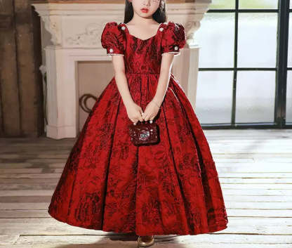 Floor-length Party Dress for Girls with Square Neck and Beaded Short Sleeves