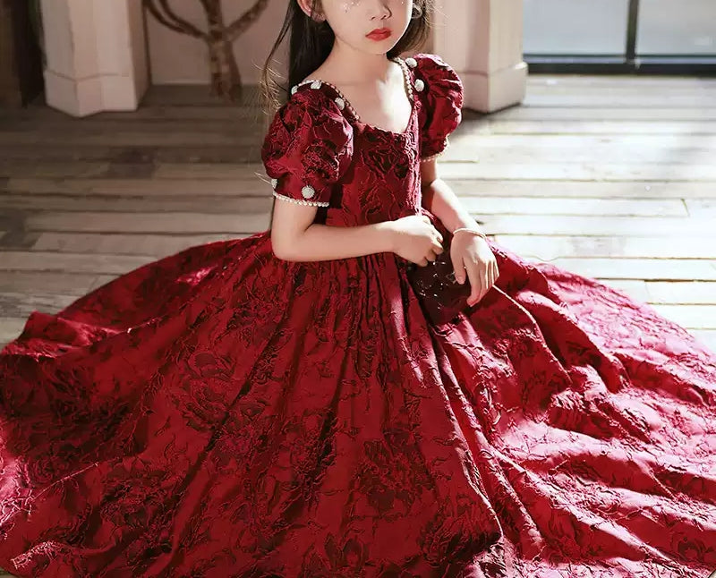 Floor-length Party Dress for Girls with Square Neck and Beaded Short Sleeves