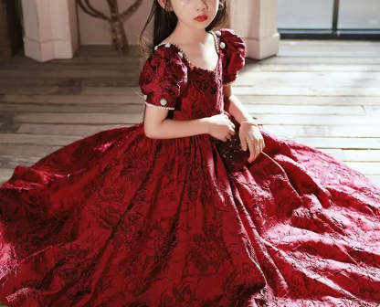 Floor-length Party Dress for Girls with Square Neck and Beaded Short Sleeves