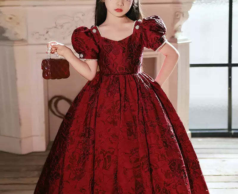 Floor-length Party Dress for Girls with Square Neck and Beaded Short Sleeves