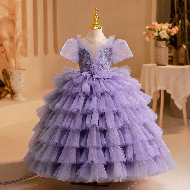 Multi-Layered Tulle Ball Gown with Short Sleeves and Appliques for Girls
