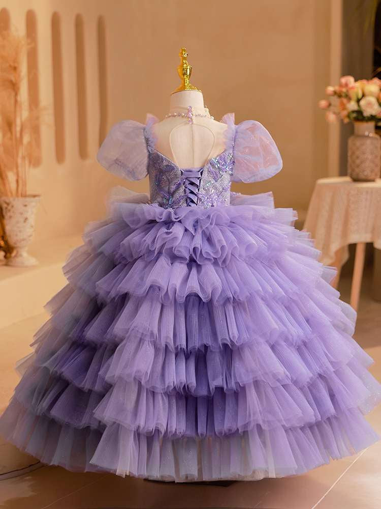 Multi-Layered Tulle Ball Gown with Short Sleeves and Appliques for Girls