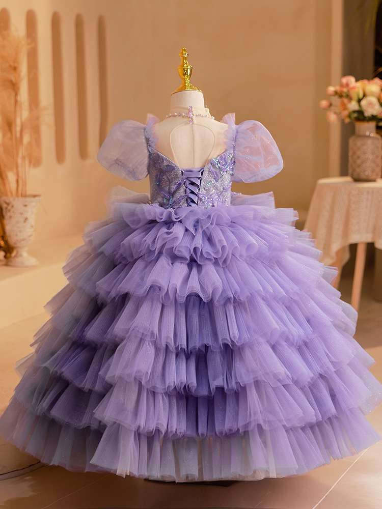 Multi-Layered Tulle Ball Gown with Short Sleeves and Appliques for Girls