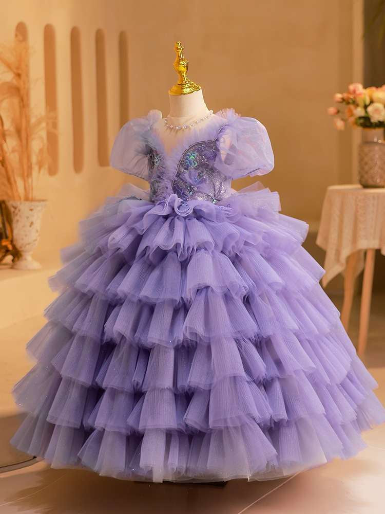 Multi-Layered Tulle Ball Gown with Short Sleeves and Appliques for Girls