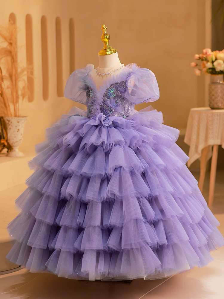 Multi-Layered Tulle Ball Gown with Short Sleeves and Appliques for Girls
