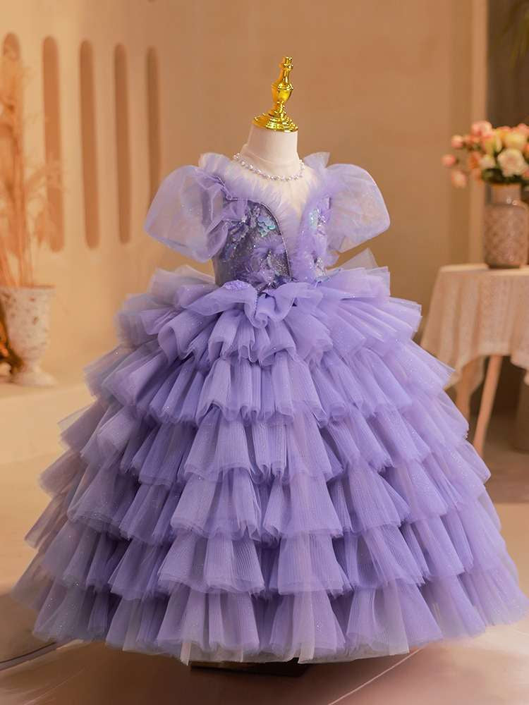 Multi-Layered Tulle Ball Gown with Short Sleeves and Appliques for Girls