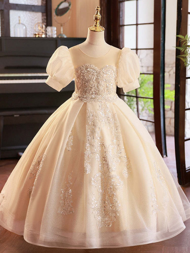 Short-Sleeve Flower Girl Ball Gown with Rhinestone Appliques