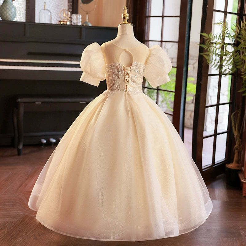Short-Sleeve Flower Girl Ball Gown with Rhinestone Appliques