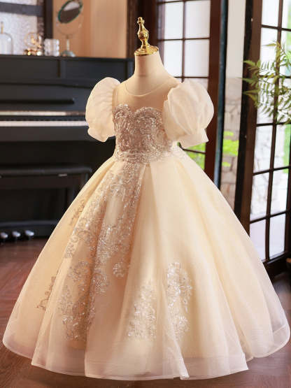Short-Sleeve Flower Girl Ball Gown with Rhinestone Appliques