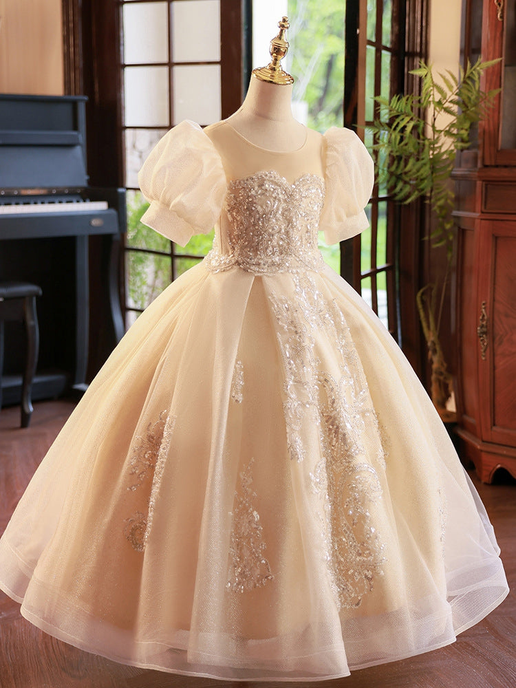 Short-Sleeve Flower Girl Ball Gown with Rhinestone Appliques