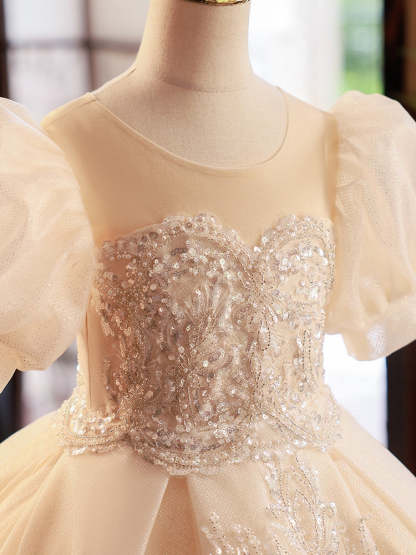 Short-Sleeve Flower Girl Ball Gown with Rhinestone Appliques