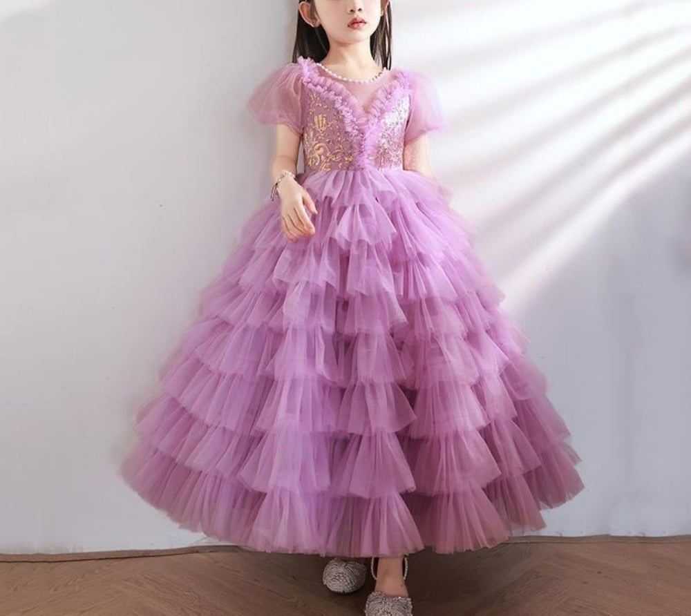 Short-Sleeved Layered Ball Gown for Girls with Rhinestone Appliques