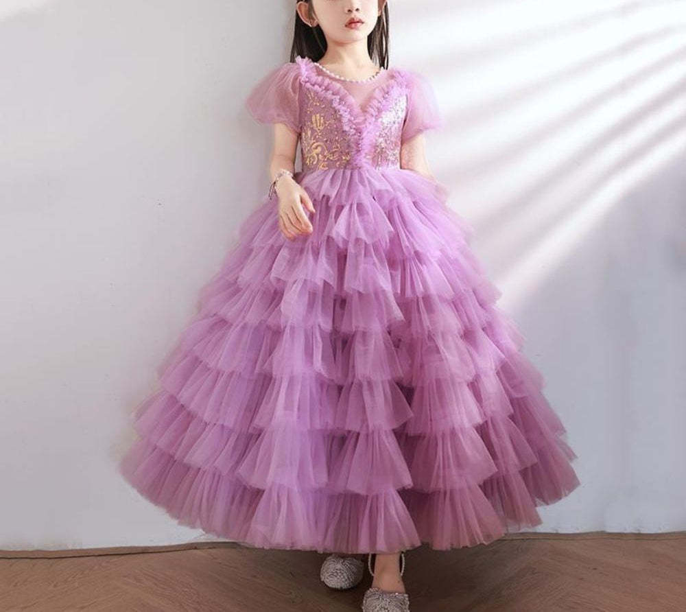 Short-Sleeved Layered Ball Gown for Girls with Rhinestone Appliques