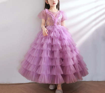 Short-Sleeved Layered Ball Gown for Girls with Rhinestone Appliques