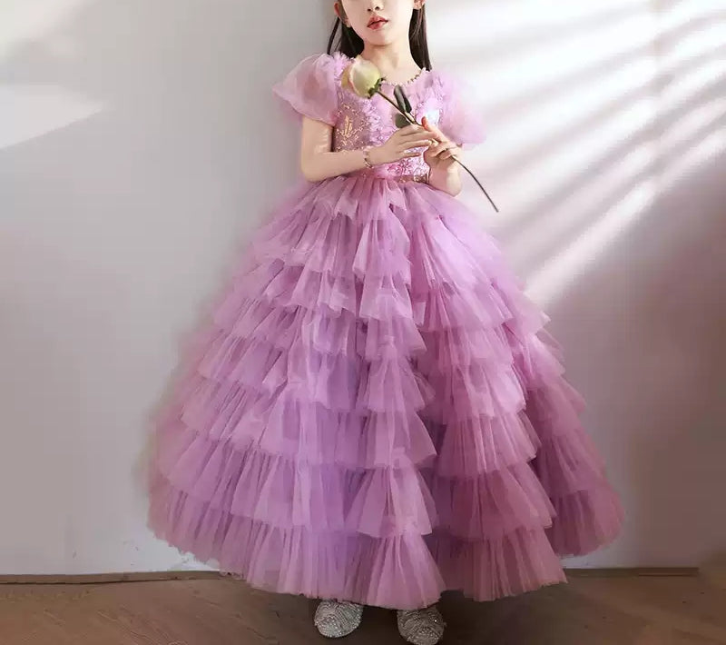 Short-Sleeved Layered Ball Gown for Girls with Rhinestone Appliques