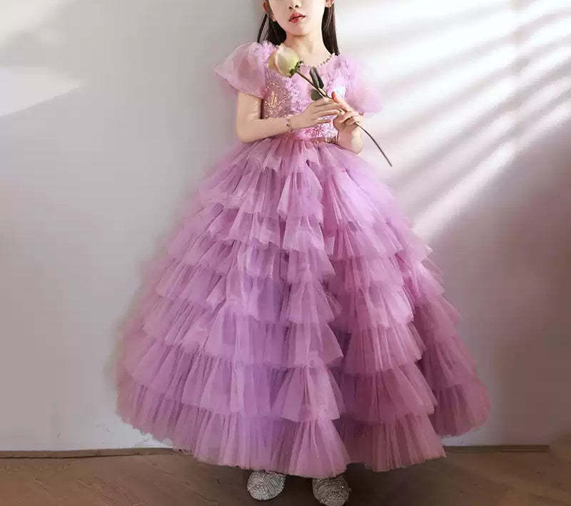 Short-Sleeved Layered Ball Gown for Girls with Rhinestone Appliques