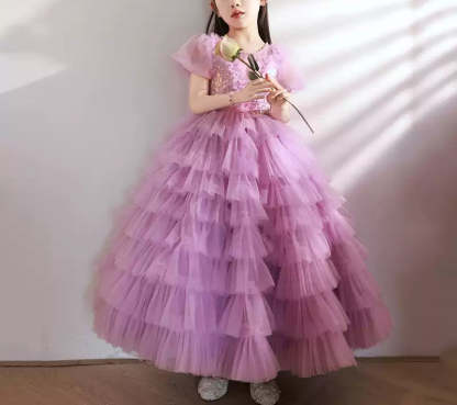 Short-Sleeved Layered Ball Gown for Girls with Rhinestone Appliques