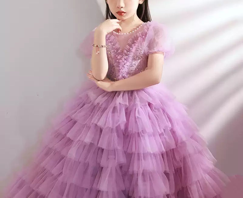 Short-Sleeved Layered Ball Gown for Girls with Rhinestone Appliques