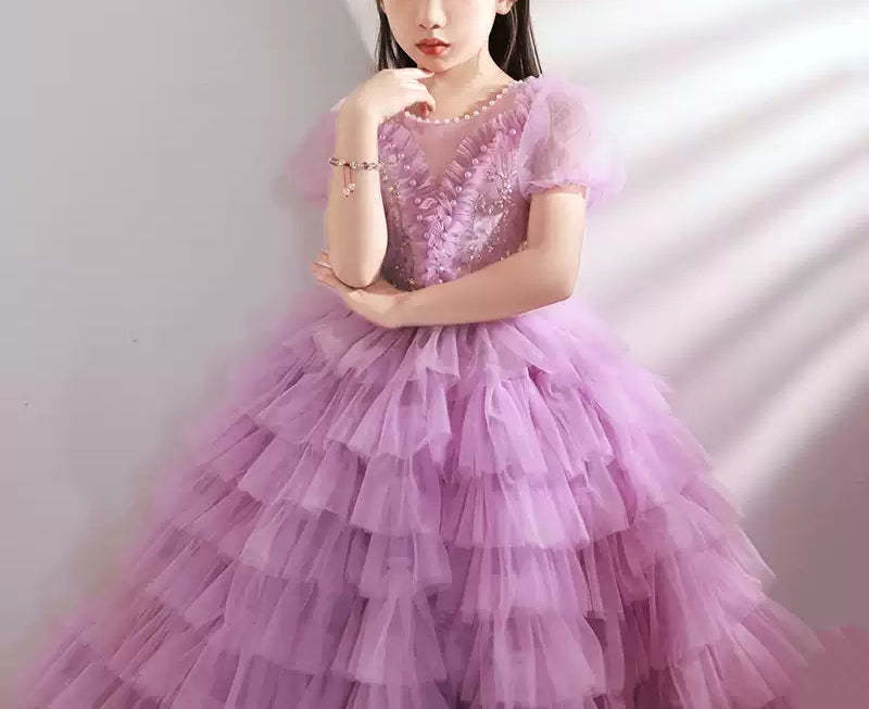 Short-Sleeved Layered Ball Gown for Girls with Rhinestone Appliques