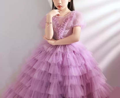 Short-Sleeved Layered Ball Gown for Girls with Rhinestone Appliques