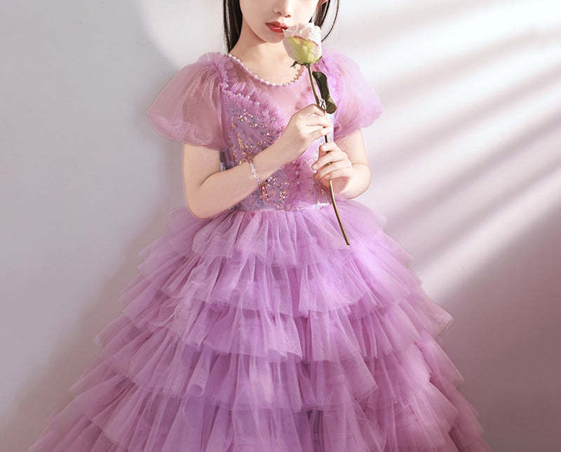 Short-Sleeved Layered Ball Gown for Girls with Rhinestone Appliques