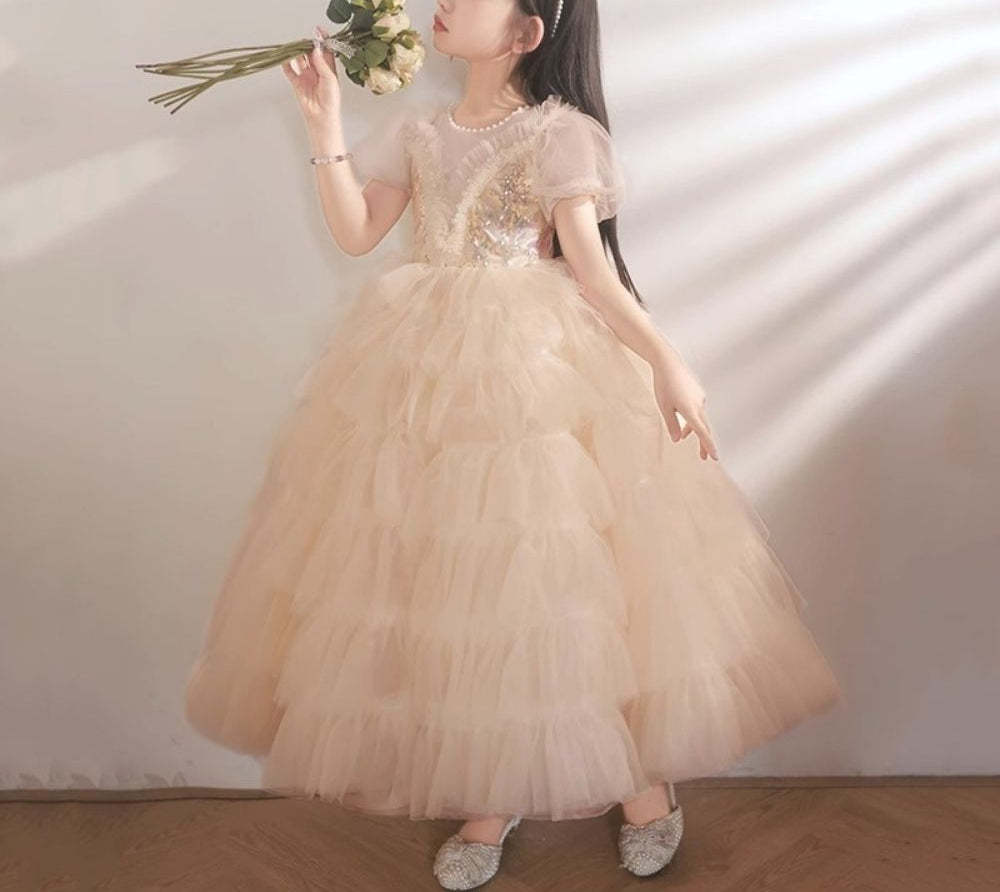 Short-Sleeved Layered Ball Gown for Girls with Rhinestone Appliques