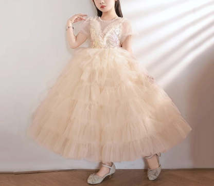 Short-Sleeved Layered Ball Gown for Girls with Rhinestone Appliques