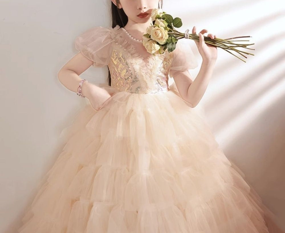 Short-Sleeved Layered Ball Gown for Girls with Rhinestone Appliques