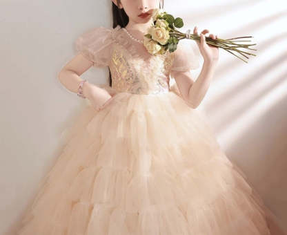 Short-Sleeved Layered Ball Gown for Girls with Rhinestone Appliques